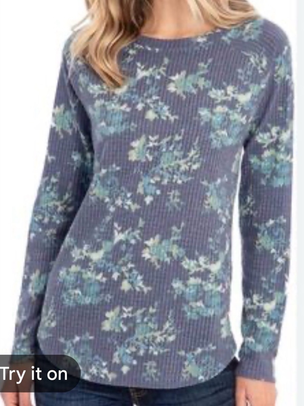Peace & Pearls Blurred Floral Waffle Knit Long-Sleeve Top - Blue